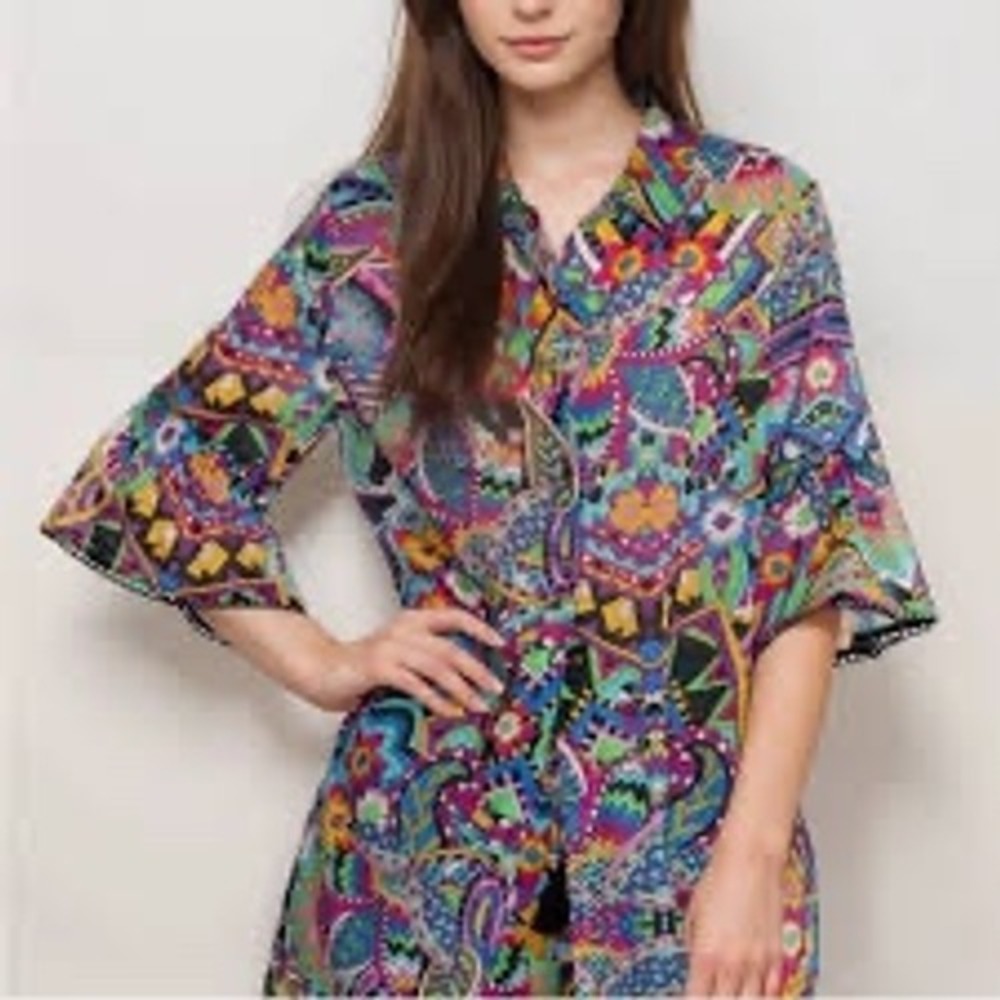 Johnny Was Demarne Ruffle Sleeve Tunic Multicolor Print Size Medium - Picture 2 of 9